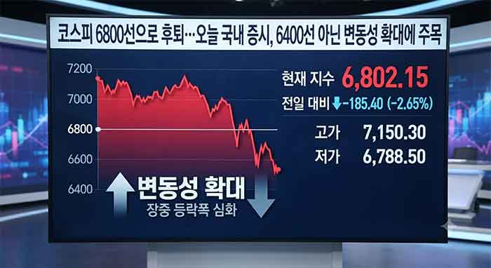 코스피 6800선 후퇴와 변동성 확대를 보여주는 증시 화면.