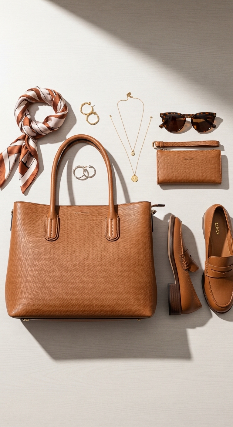깔끔한 가죽 토트백과 로퍼가 놓여 있는 감성적인 소품 사진