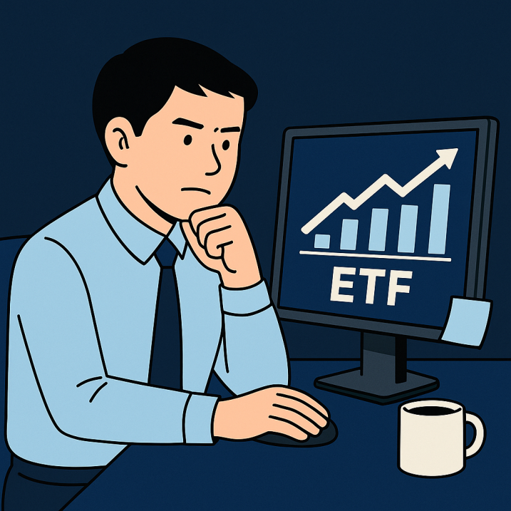 파란 배경 위에 셔츠를 입은 회사원 김대리가 컴퓨터 모니터를 집중해서 바라보며 진지하게 ETF 정보를 분석하고 있는 모습. 주변에는 그래프와 데이터 아이콘이 어우러져 분석적인 분위기를 강조하고 있다.