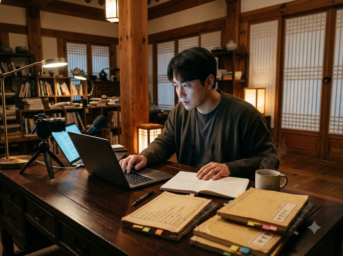 alt="조선시대 야사 고전 서적과 디지털 태블릿 대본 작업 화면" (