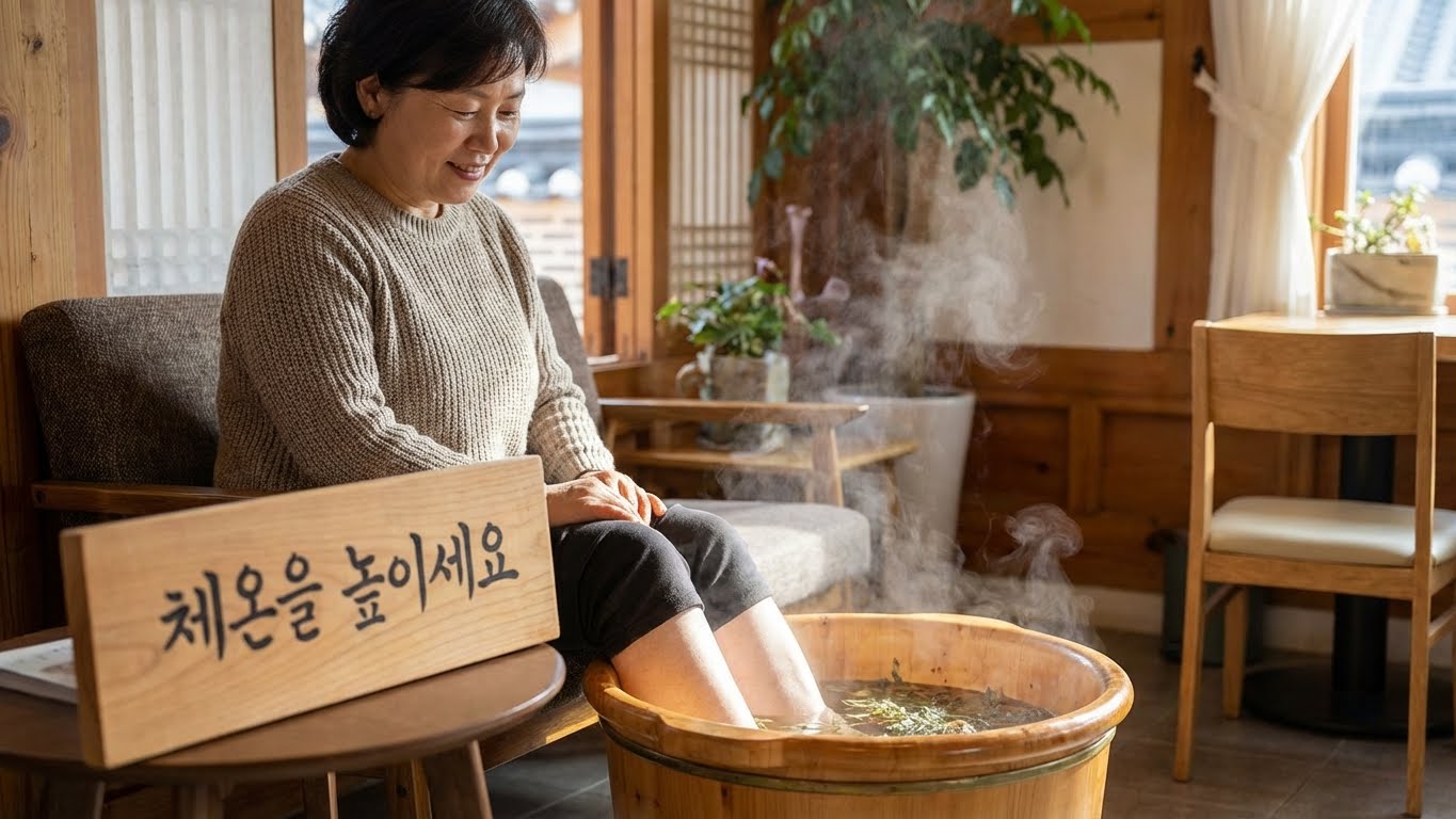 따뜻한 물이 담긴 족욕 통에 발을 담그고 편안하게 미소 짓는 모습