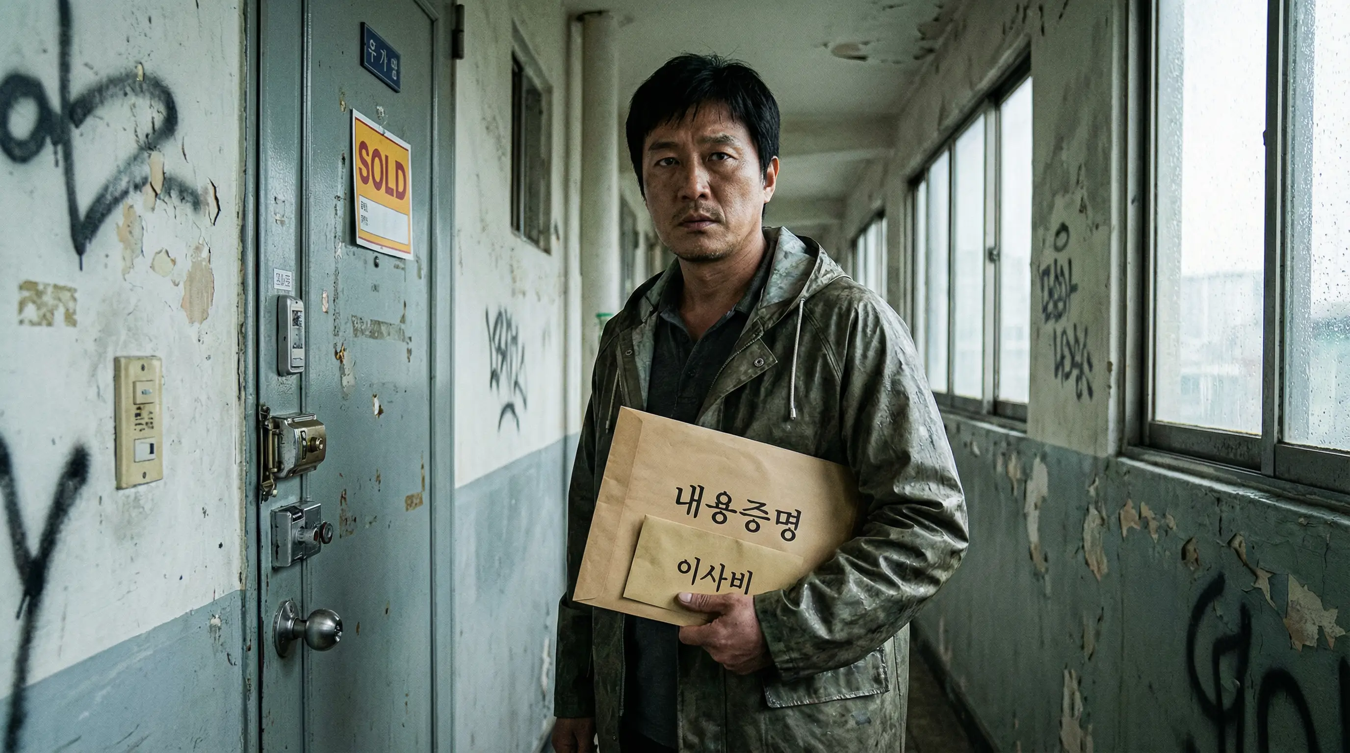 굳게 닫힌 아파트 현관문 앞에서 내용증명 서류와 이사비 봉투를 들고 협상을 준비하는 낙찰자의 모습