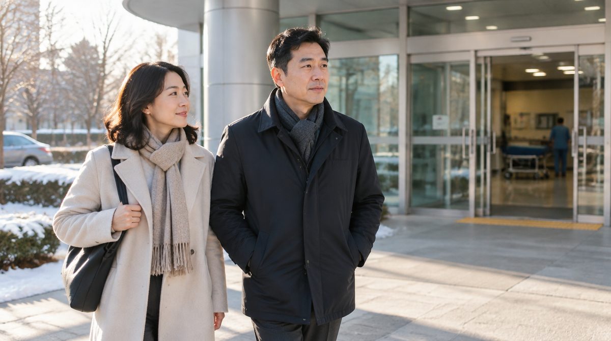 가족과 함께 재활병원으로 걸어가는 편마비 환자