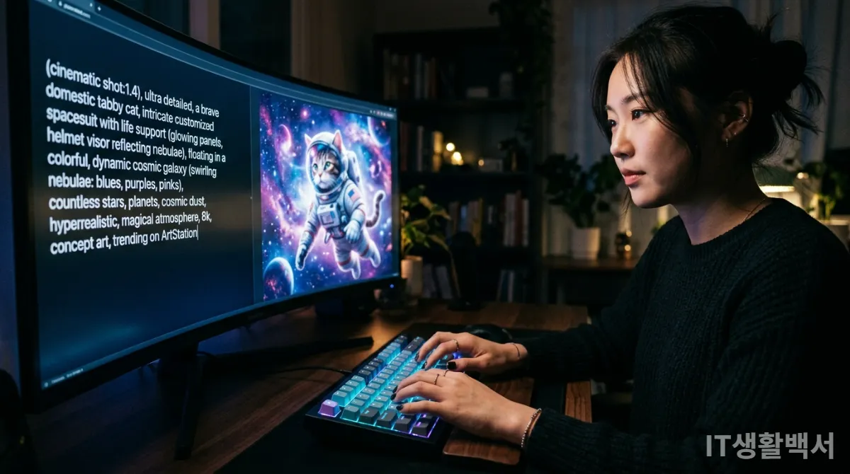 한국인 여성이 프롬프트를 입력하여 AI 이미지를 생성하는 모습