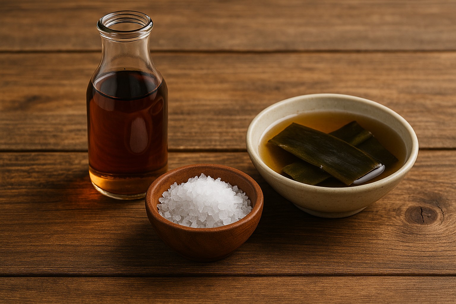 액젓, 소금, 다시마 육수가 나무 쟁반 위에 놓인 조합