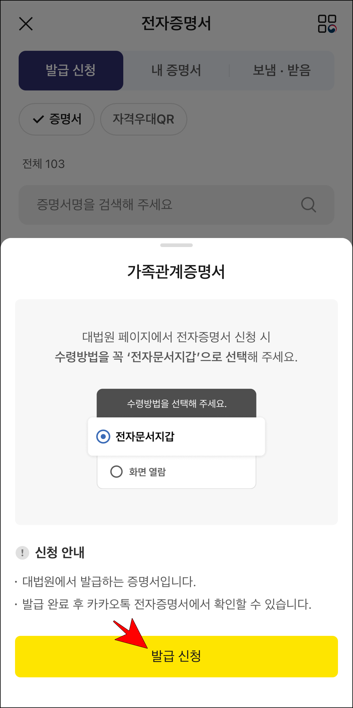 신청 안내를 확인하고, '발급 신청'을 선택