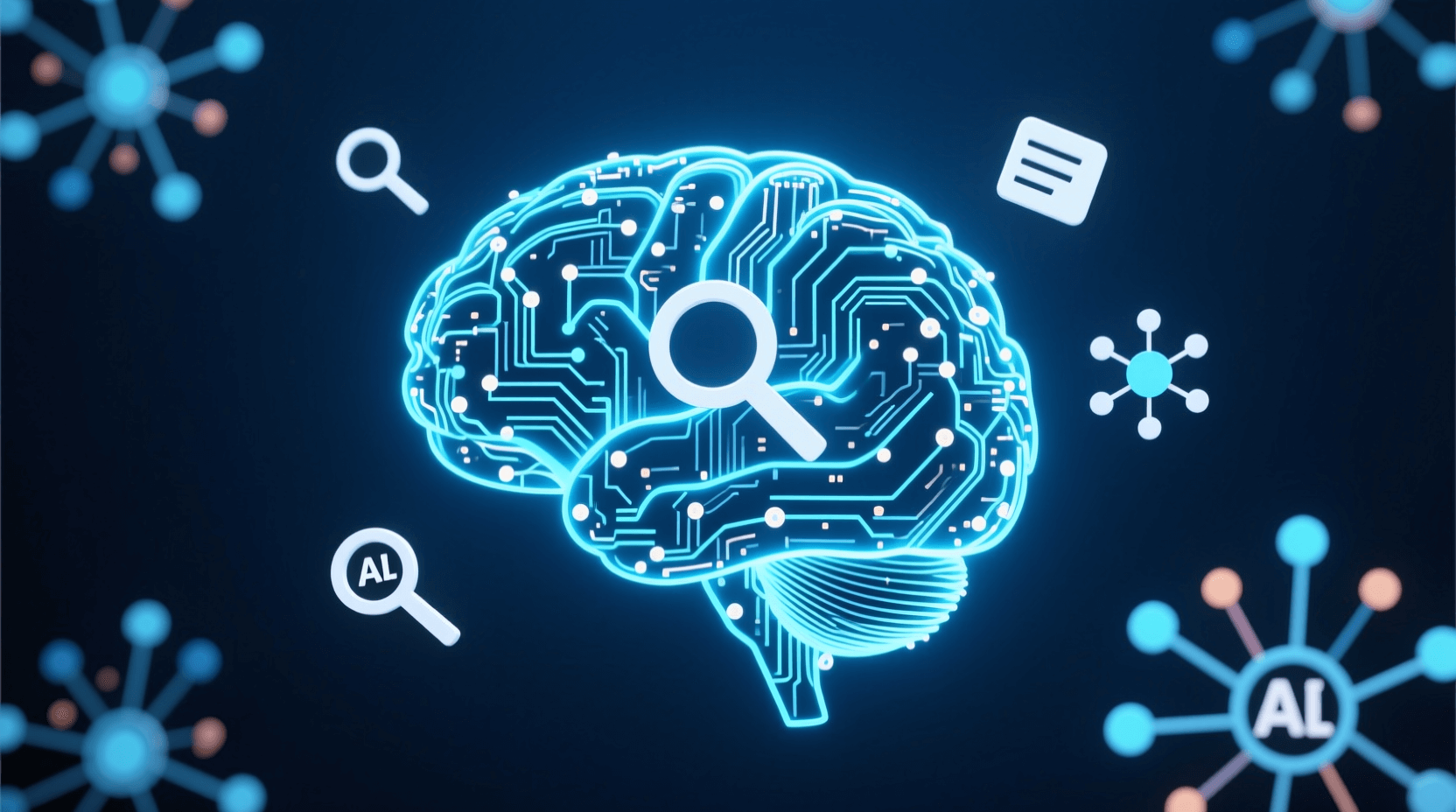 뇌 모양의 디지털 네트워크와 데이터 노드가 연결된 AI 엔진 최적화 개념도