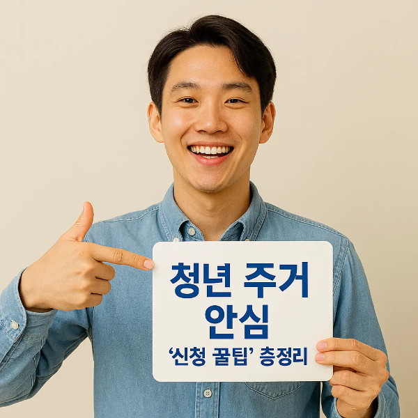 청년 주거 안심과 신청 꿀팁 문구가 적힌 안내판을 들고 웃고 있는 한국인 남성의 이미지