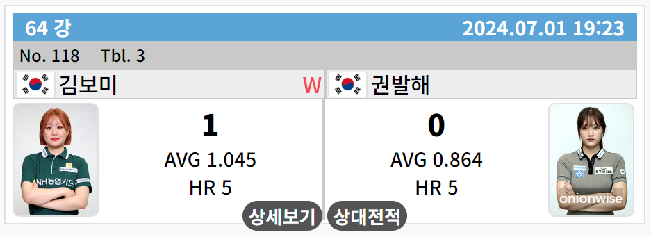 하나카드 LPBA 챔피언십 64강 김보미 권발해 경기결과