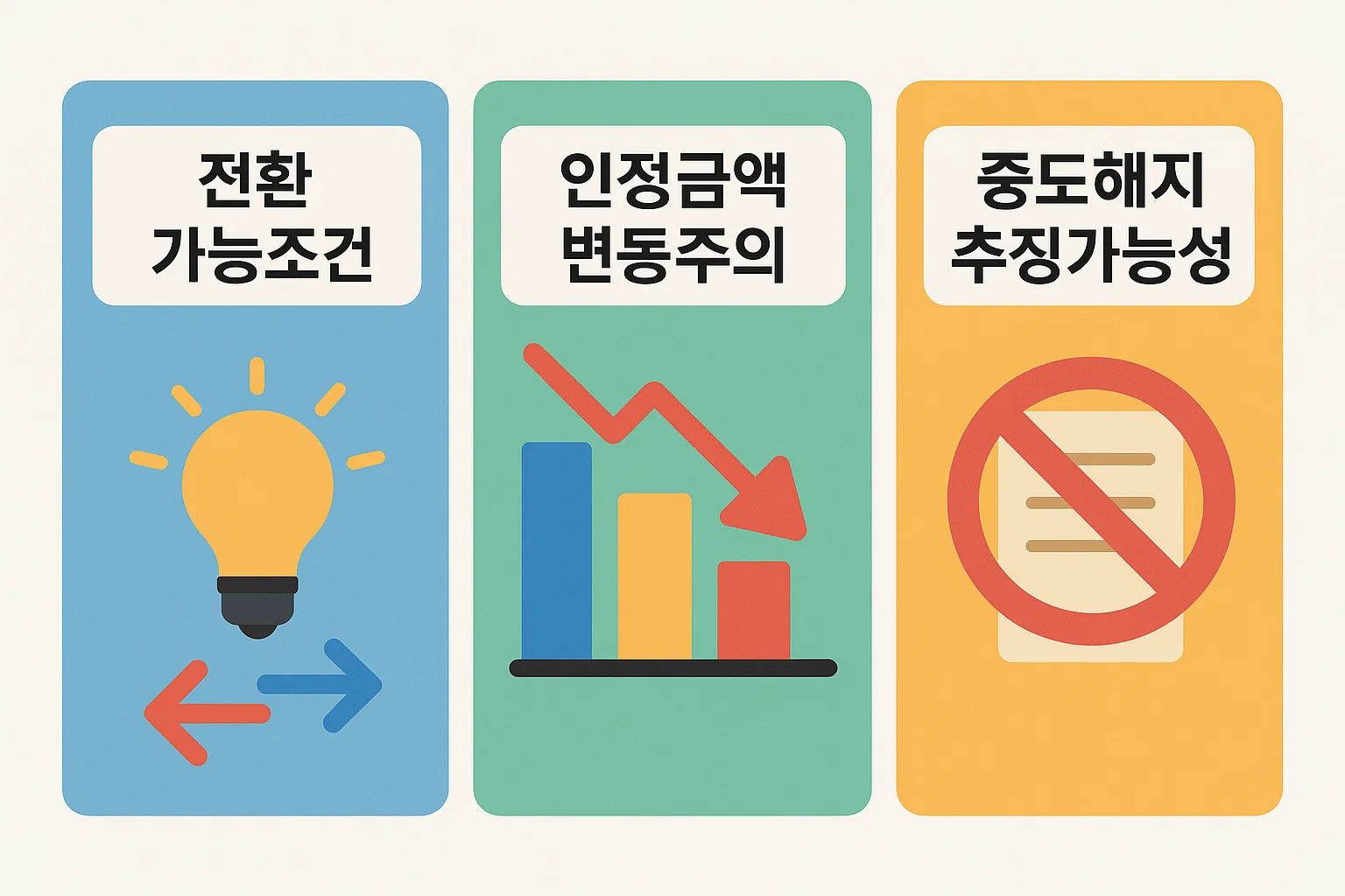 청년주택드림 청약통장 전환 시 유의사항을 안내하는 인포그래픽으로, 전환 가능조건&middot;인정금액 변동주의&middot;중도해지 추징 가능성 3가지를 그래프와 아이콘으로 설명한 시각자료.