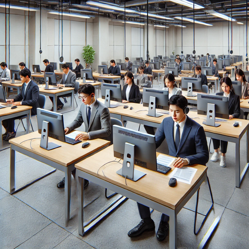 전문직 종사자들이 훈련실에서 워드프로세서 자격증 실기 시험을 치르는 모습. 각자 컴퓨터 앞에 앉아 작업에 집중하고 있으며, 방은 밝고 모던한 디자인으로 꾸며져 있습니다