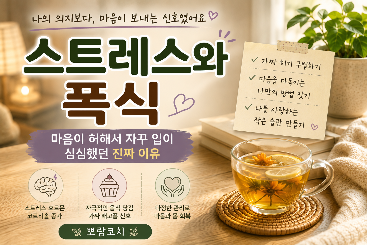 은은한 간접 조명이 켜진 차분한 방 안에서 원목 테이블 위에 놓인 따뜻한 허브차 한 잔