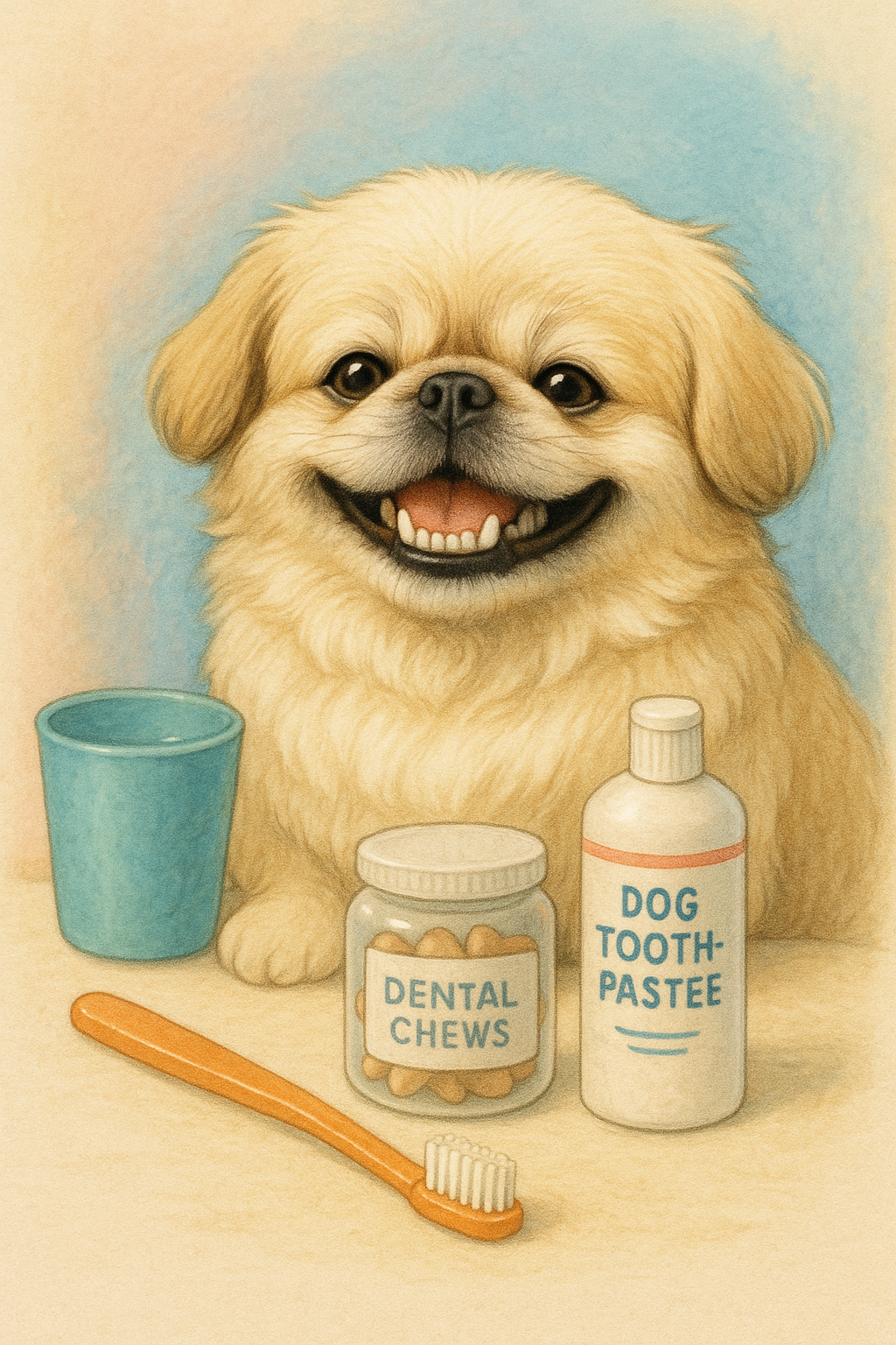 강아지 치아 관리를 위해서 덴탈 간식과 치솔을 갖춘 사진