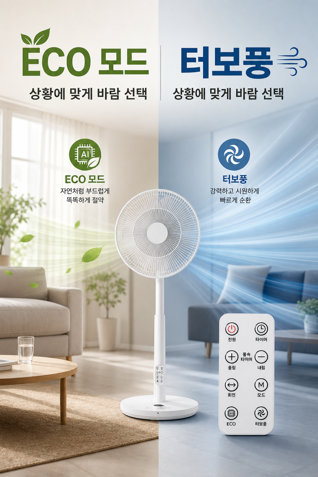 다이닝룸에서 사용하는 화이트 BLDC 스탠드 선풍기