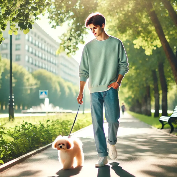 평화로운 공원 산책로를 천천히 걷는 강아지와 젊은 남성의 자연스러운 초고해상도 사진