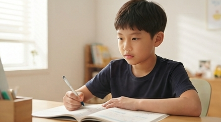 아들이 문제집을 앞에 두고 고민하는 모습