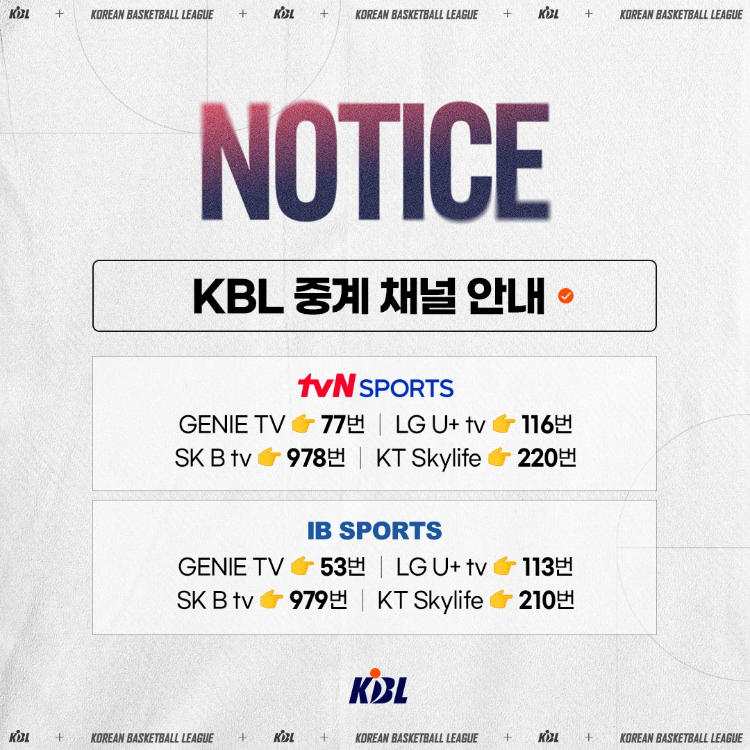 남자 프로 농구 KBL TV 중계 채널 번호 알아보기 지니, LG U+, KT 스카이라이프, tvN, IB SPORTS