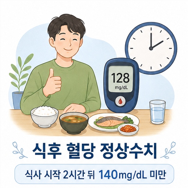 식사 시작 후 2시간에 혈당을 측정하며 일반적인 정상 범위는 140mg/dL 미만임을 보여 주는 그림