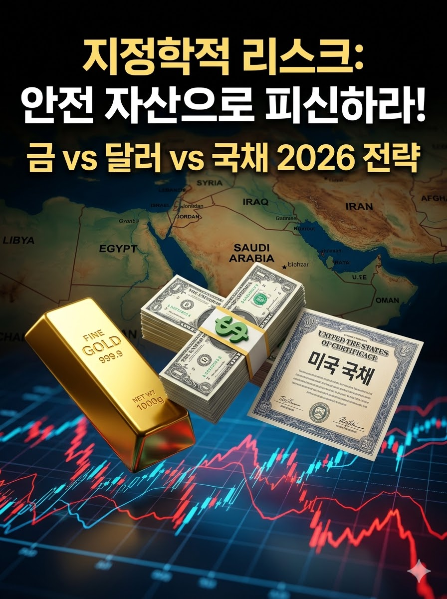 불길이 치솟는 중동 지도를 배경으로 금괴와 달러 지폐, 미국 국채 증서가 놓여 있는 3D 금융 일러스트