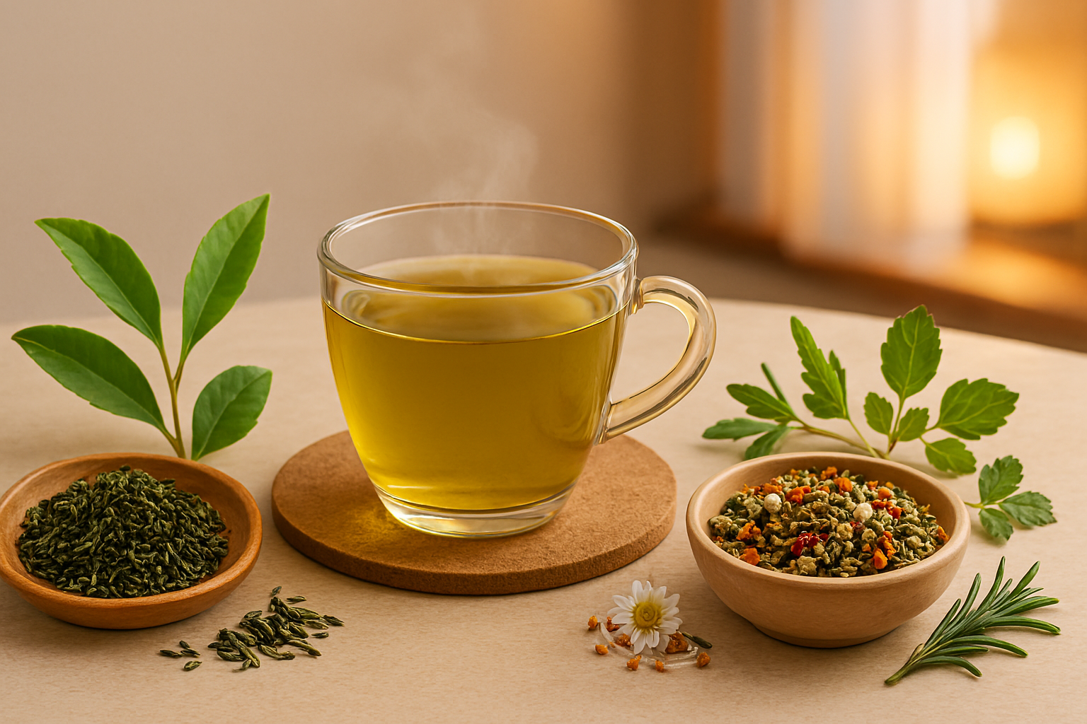 따뜻한 녹차 한 잔과 찻잎 이미지