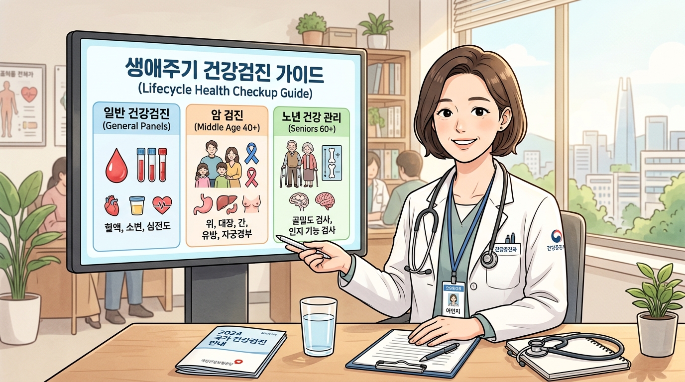 밝고 깨끗한 병원 검진 센터에서 보건 전문가 선생님이 대형 안내판을 가리키며 2030 청년기부터 60대 이상 노년기까지 전반적인 생애주기별 검사 항목과 대상자 판정 기준을 친절하게 교육하고, 질병을 극초기에 예방하기 위한 건강검진 완전 정복 핵심 수칙을 독자에게 다정하게 알려주는 2D 일러스트 이미지.
