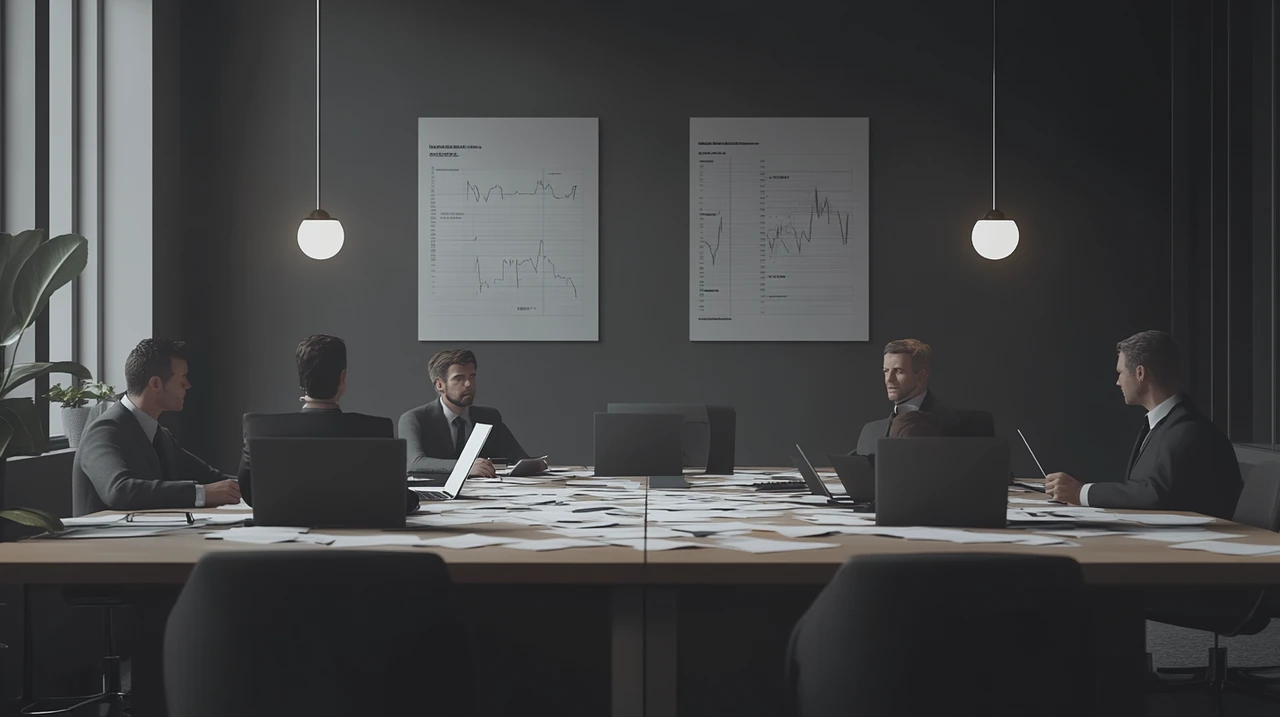 여유로운 사무실 환경에서 금융 분석가들이 투자 전략을 논의하며 협의하는 장면입니다. 종이와 노트북으로 채워진 테이블을 중심으로 협동과 전략적 계획의 중요성을 전달합니다.