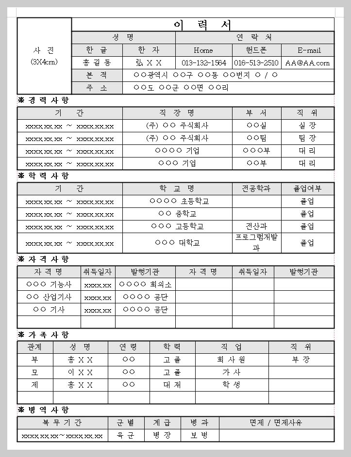 전산 & 프로그램개발 이력서 양식 hwp