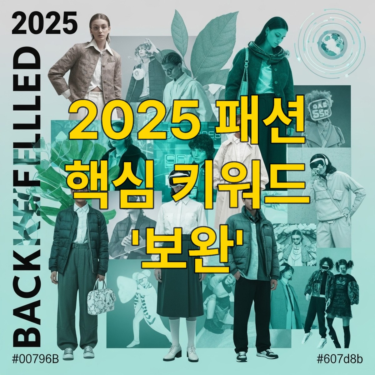 2025년 패션 트렌드 'BACKFILLED'를 상징하는 다양한 스타일, 지속가능성, 기술 융합이 어우러진 미래 지향적인 패션 콜라주.