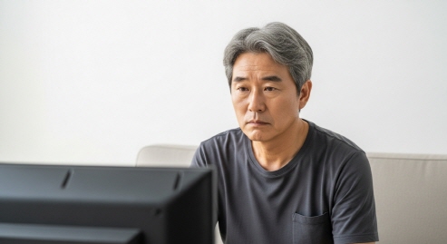 중년 남성이 혼자서 TV를 응시하는 모습