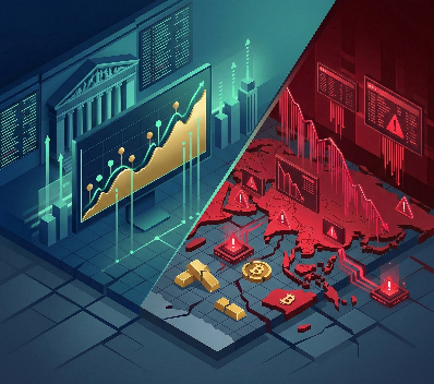 미국 증시 반등과 아시아 증시 폭락의 디커플링 현상 시각화