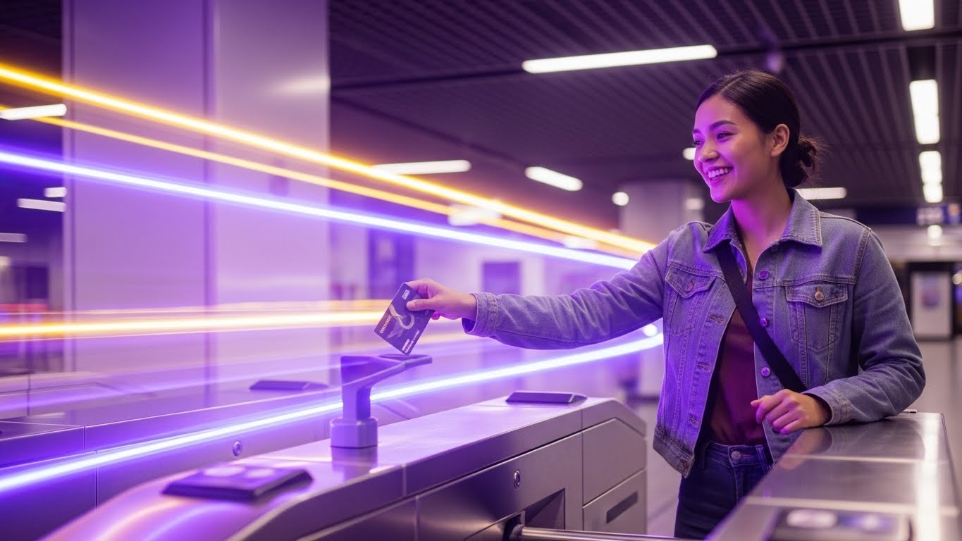 2026년 새로 도입된 '모두의 카드'를 사용해 지하철 개찰구를 통과하며 환급 혜택을 받는 듯 기뻐하는 사람의 모습