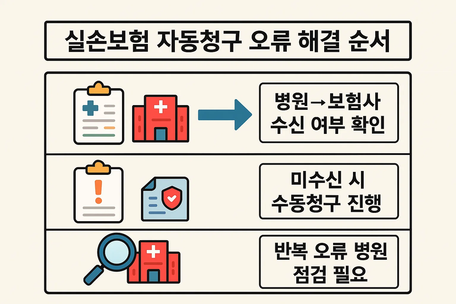 병원에서 보험사로 전송 오류가 발생했을 때 수신 여부 확인, 수동청구 절차, 반복 오류 점검까지 단계별 해결 절차를 정리한 인포그래픽