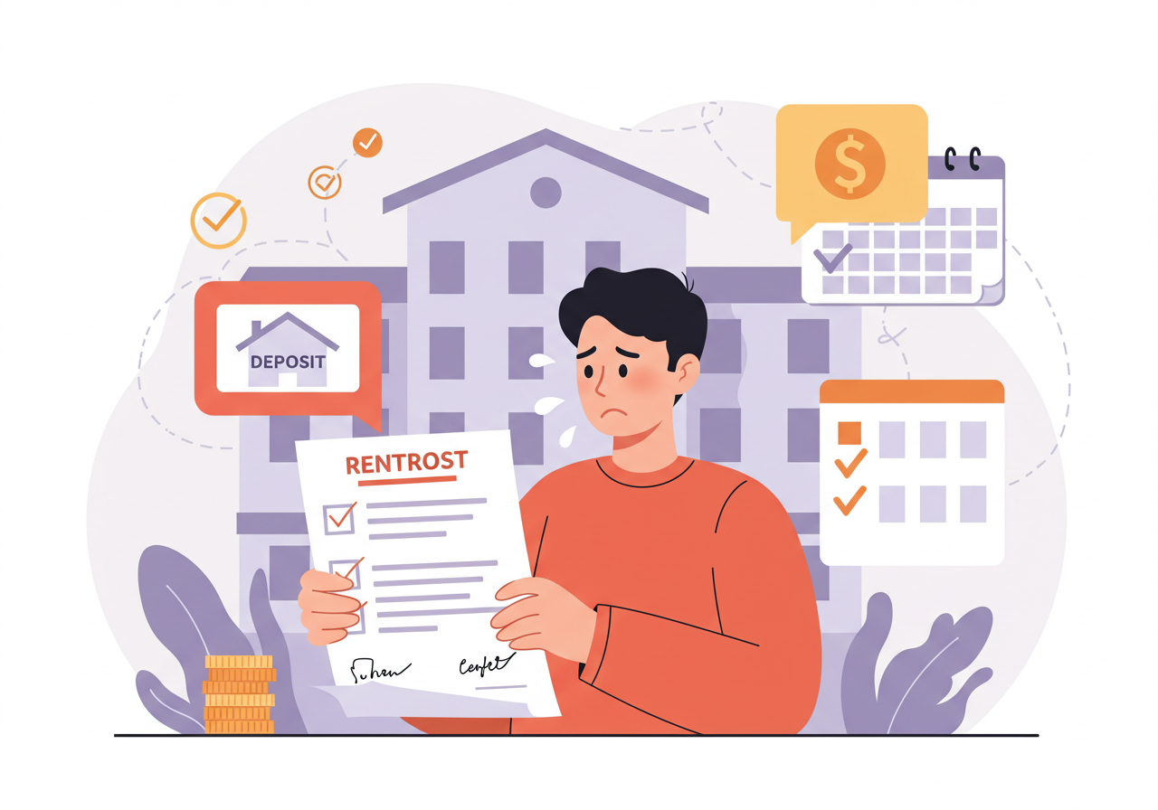 전세보증금 반환을 걱정하는 세입자, 아파트와 계약서, 확정일자 개념을 표현한 일러스트