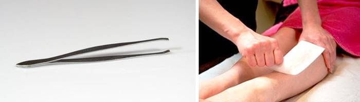 쪽집게, 왁싱테이프 2개 사진을 좌우로 보여주는 사진