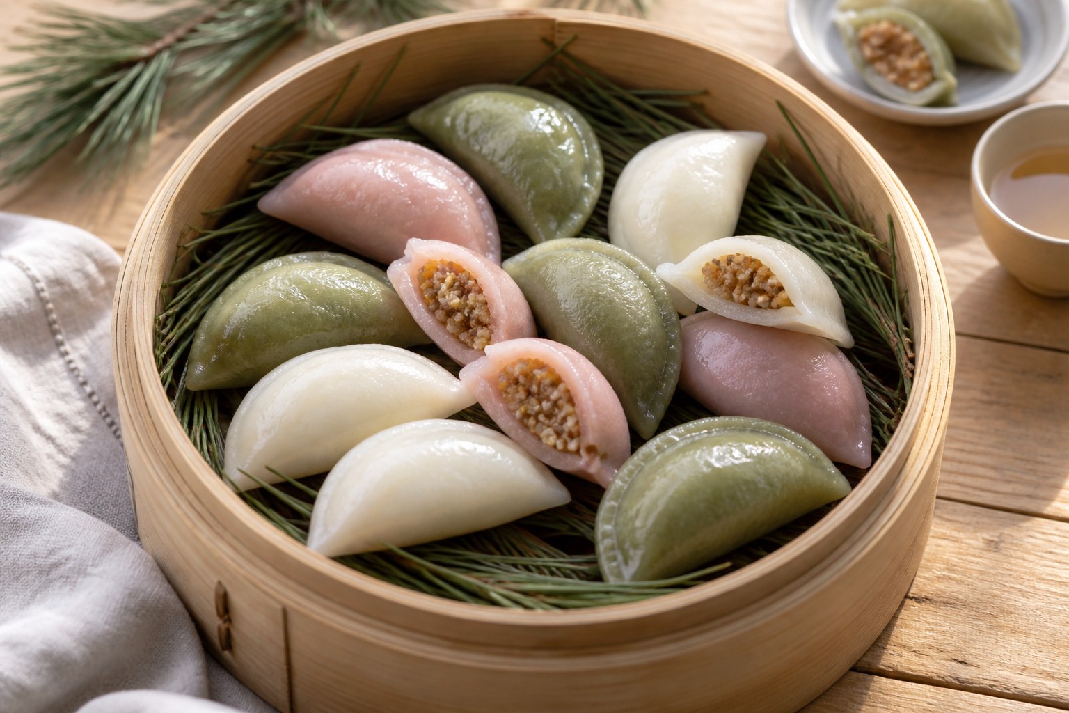 대나무 찜기 안 솔잎 위에 흰색·분홍색·연두색 반달 모양 송편이 놓여 있고, 몇 개는 반으로 갈라 깨 소가 보인다. 옆에 작은 접시와 찻잔이 있다.