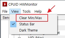 HWMonitor 프로그램의 상단 탭에서 "View"를 클릭하고, 두 번째에 있는 "Clear Min/Max" 버튼의 위치를 표시한 사진입니다.