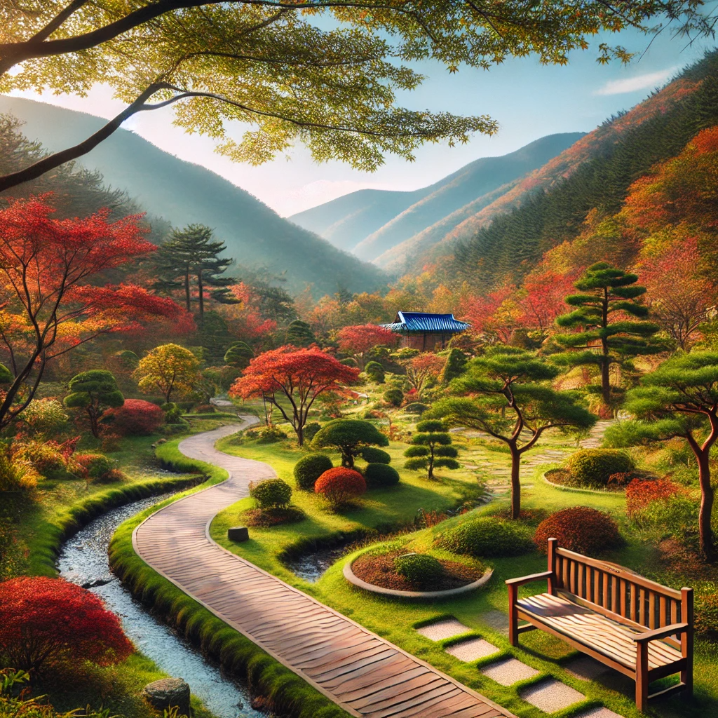 강원도 미시령 힐링가든의 가을 풍경&amp;#44; 울긋불긋한 나무들 사이로 흐르는 작은 개울과 나무 벤치가 있는 평화로운 정원