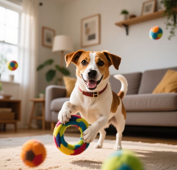 강아지가 거실에서 장난감을 가지고 뛰어 노는 모습
