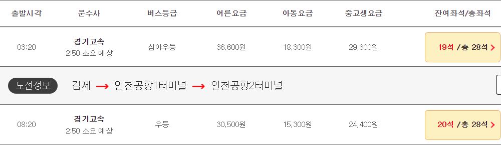 김제 인천공항 리무진 버스 시간표 요금 예약 방법