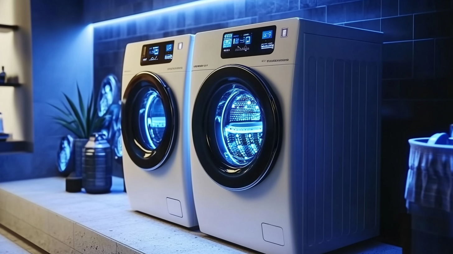 삼성 비스포크 AI 세탁기의 디스플레이 화면에 다양한 세탁 코스가 표시된 모습. 스마트한 기술과 직관적인 인터페이스를 강조합니다.
