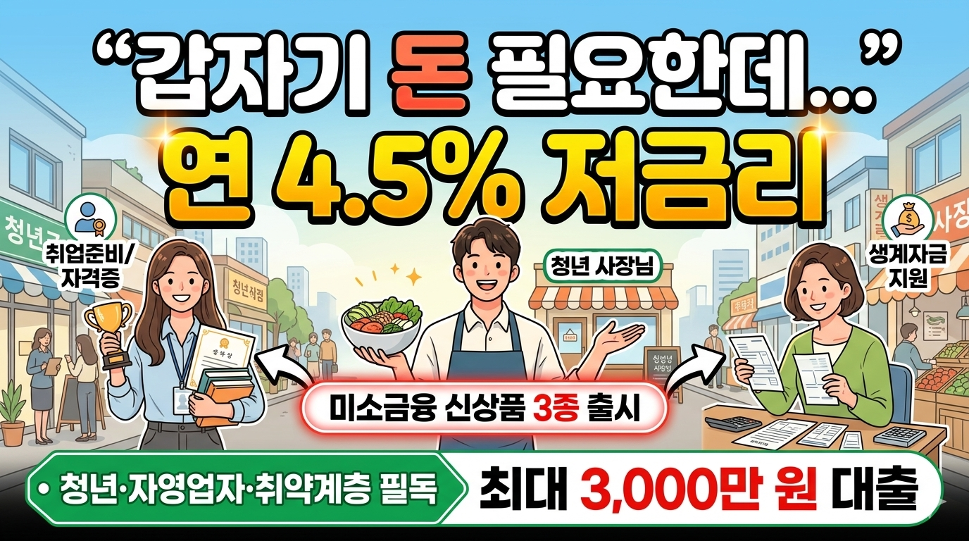 청년 및 취약계층 대상 연 4.5% 저금리 미소금융 신상품 3종 출시 안내 인포그래픽 - 최대 3000만원 대출 한도 강조