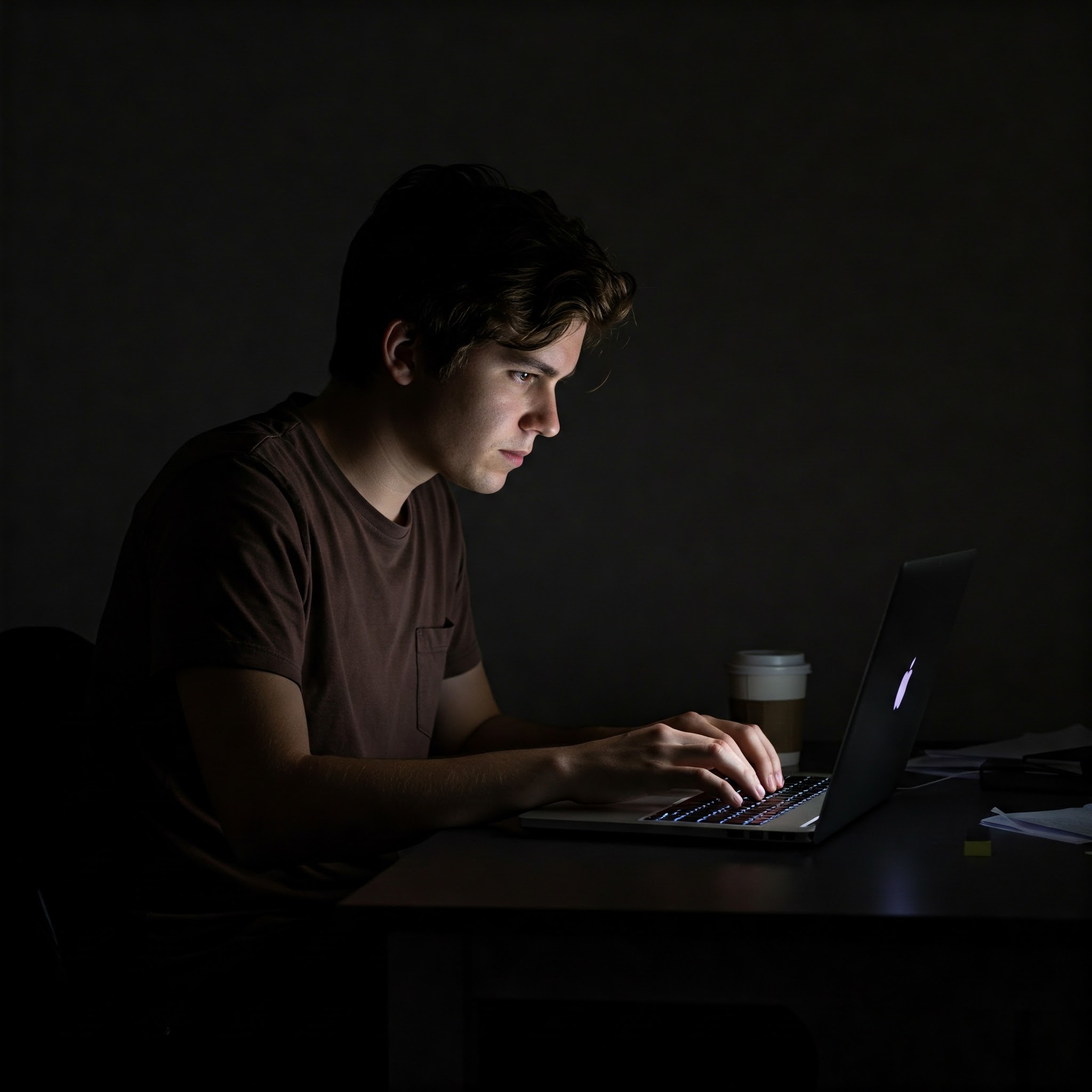 노트북 화면을 보는 청년