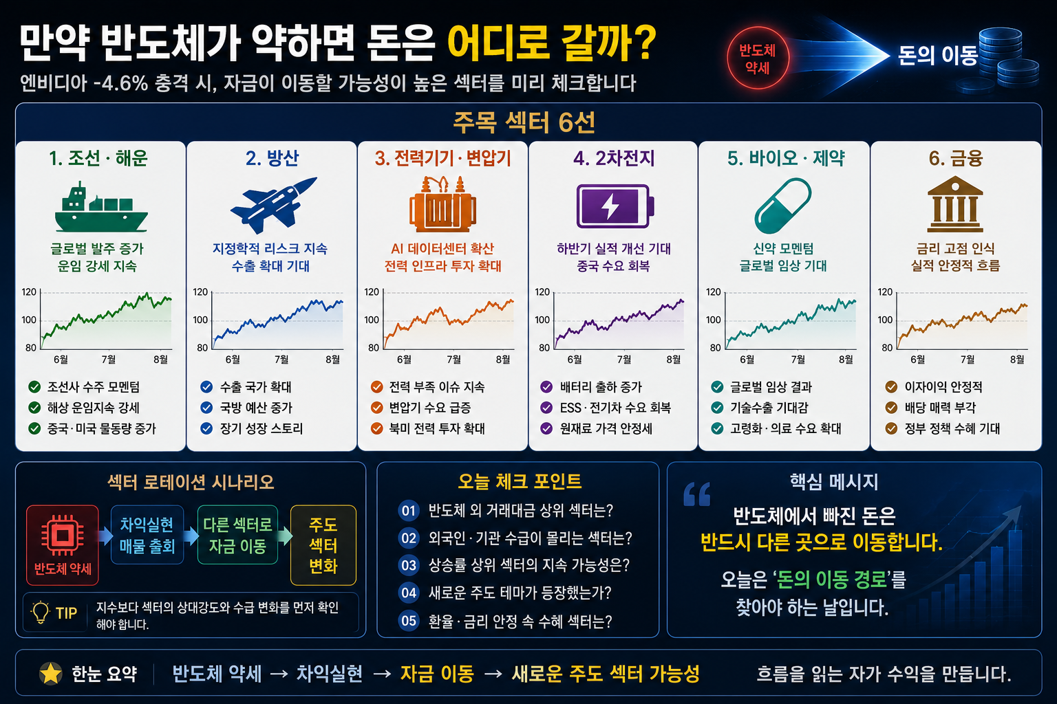 반도체 약세 시 조선 방산 전력기기 2차전지 바이오 금융 섹터 로테이션 인포그래픽