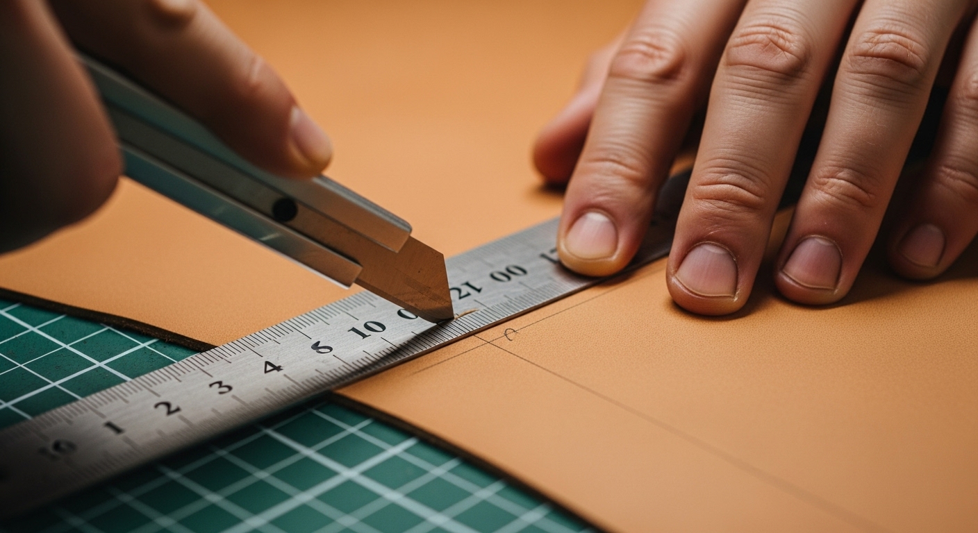 손이 스틸 자를 대고 재단칼로 베지터블 가죽을 정확하게 재단하는 모습. 재단 매트 위에서 가죽 조각이 깔끔하게 잘리고 있다.