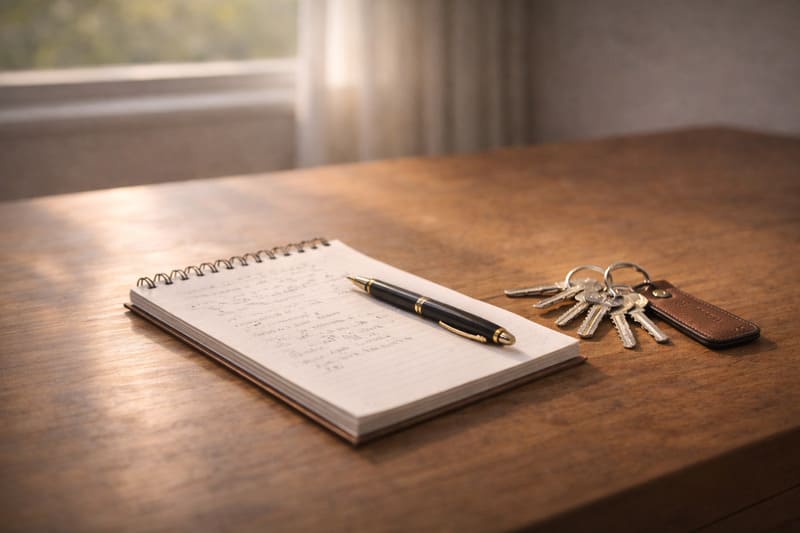 따뜻한 햇살 아래 놓인 아들 전셋집 계약용 메모장과 볼펜, 그리고 집 열쇠 꾸러미