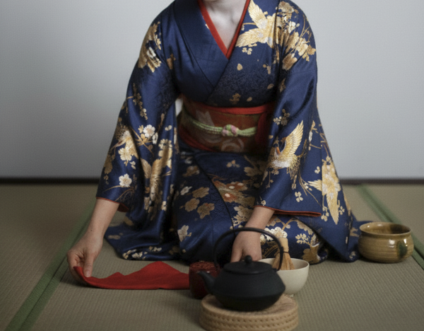 푸른색 기모노를 입은 여인과 말차 도구 세트 그리고 포트가 보인다.