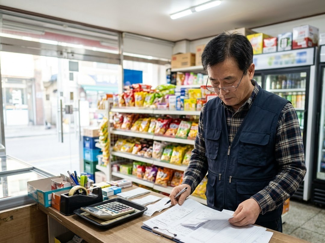 작은 매장 카운터에서 서류를 살펴보는 자영업자 사장님