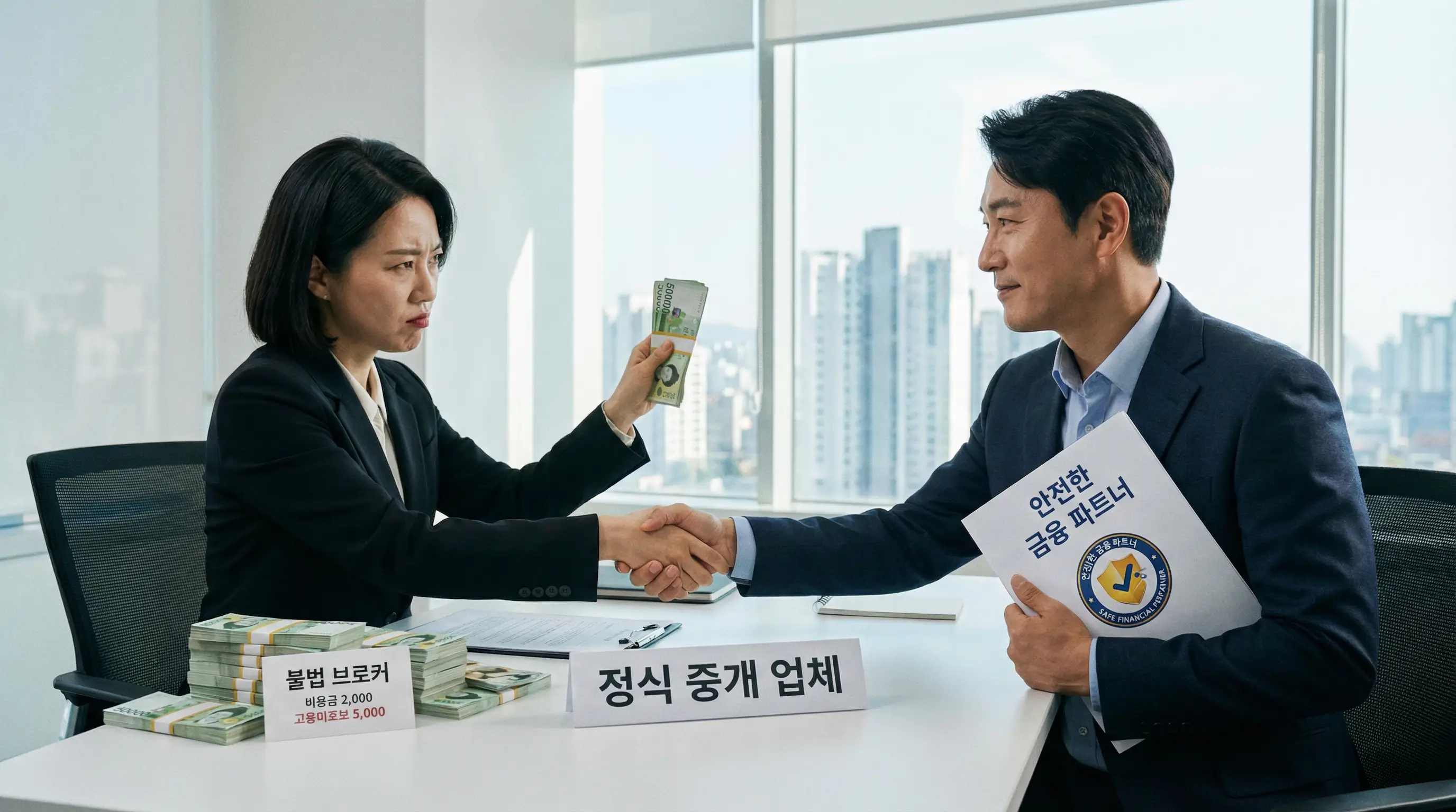 불법 브로커의 수수료 요구를 거절하고 안전한 정식 중개 업체를 선택하는 현명한 금융 소비자의 모습