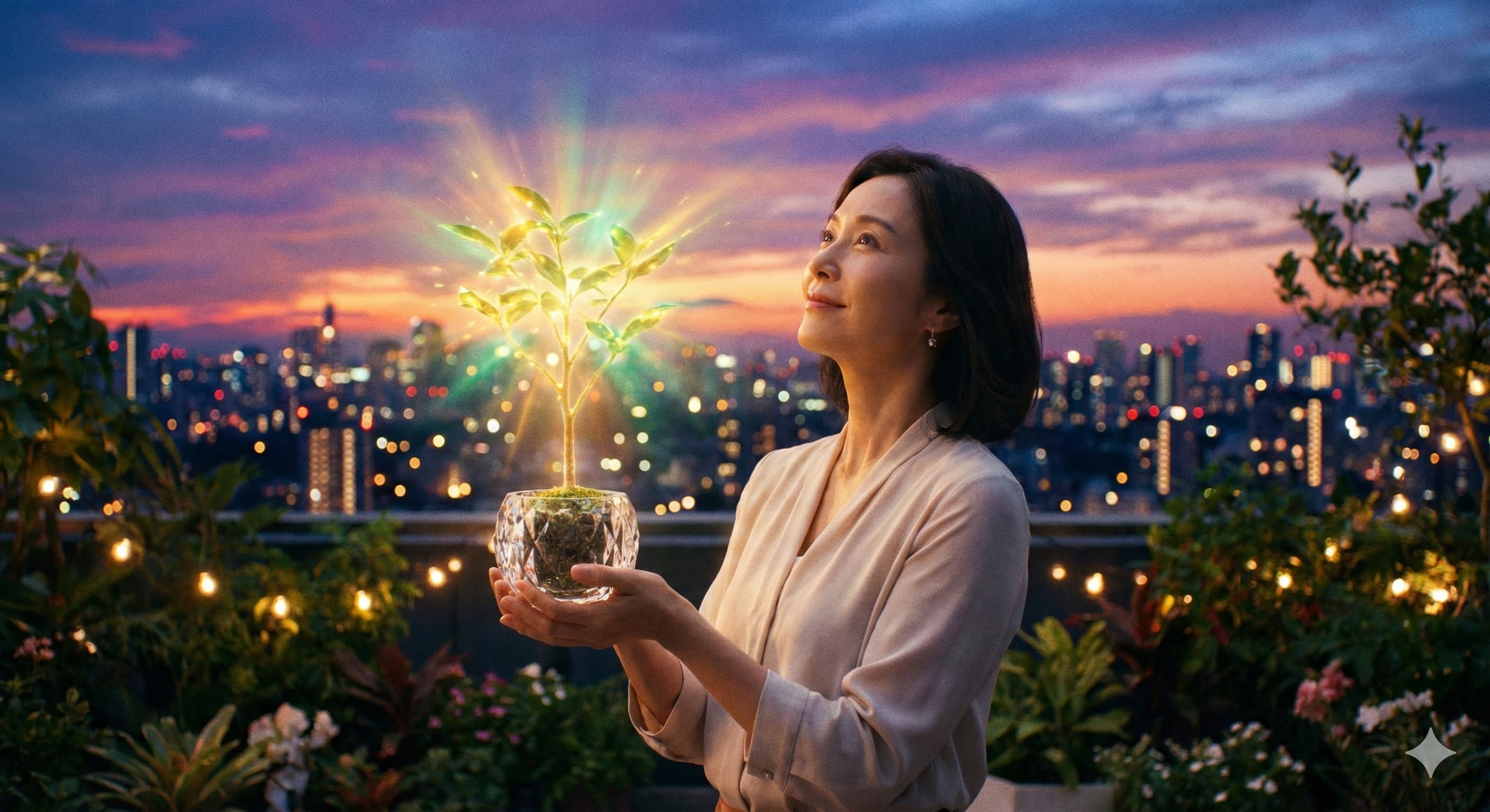 찾은 보험금 재테크, 빛나는 묘목을 든 여성, ISA 계좌와 연금으로 불리는 희망찬 미래, 도시 야경