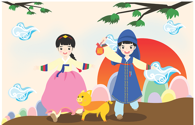 어린-남녀가-한복을-입고-기뻐하는-그림입니다.